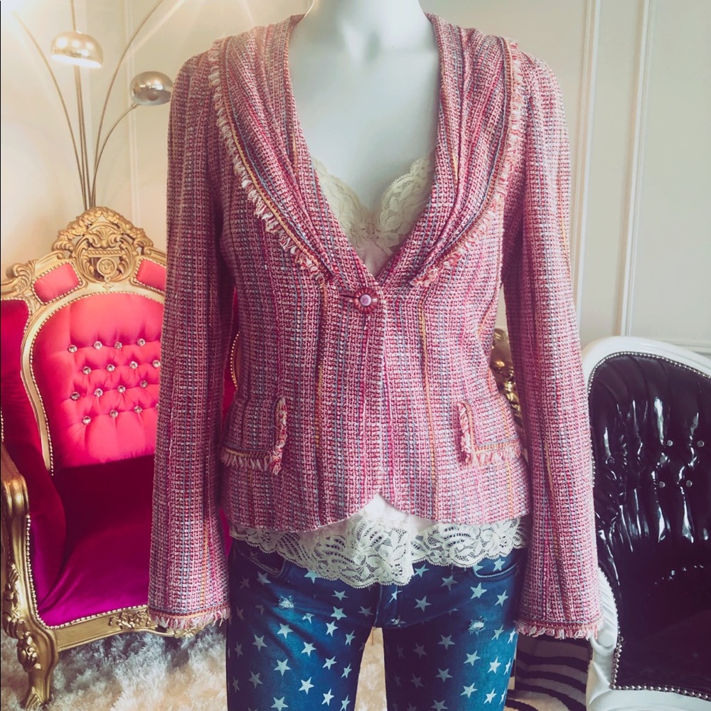 Pink AUTHENTIC CHANEL suit blazer jacket tweed 38